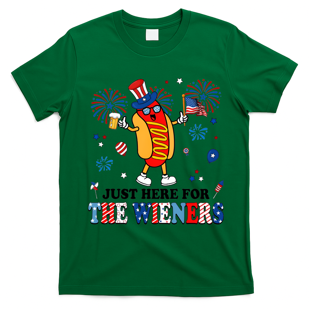 Just Here For The Wieners 4th Of July Hot Dogs 4th Of July T-Shirt - Irish Green