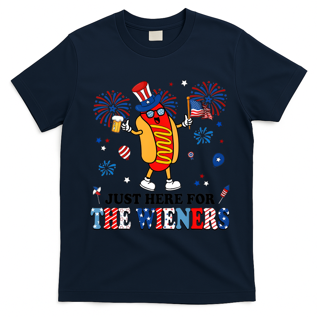 Just Here For The Wieners 4th Of July Hot Dogs 4th Of July T-Shirt - Navy Blue