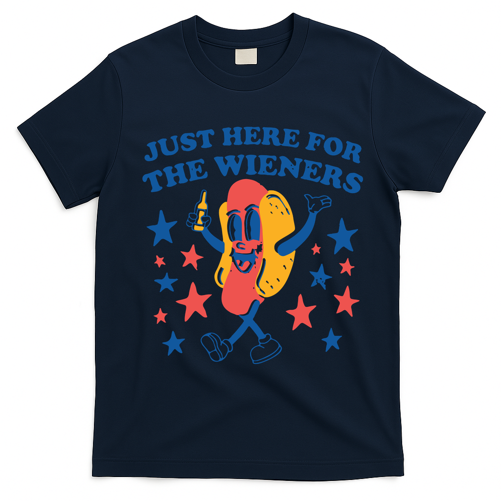 Just Here For The Wieners 4th Of July Funny Hot Dot T-Shirt - Navy Blue