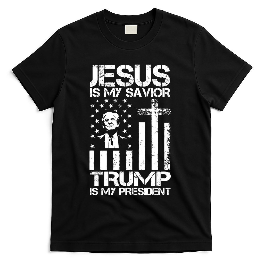 Jesus Is My Savior Trump Is My President Trump American Flag T-Shirt - Black