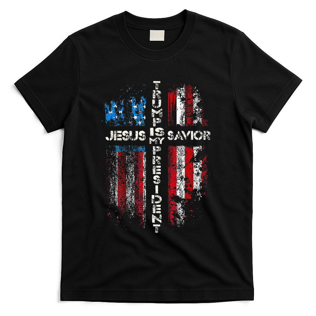 Jesus Is My Savior Trump Is My President American Flag T-Shirt - Black
