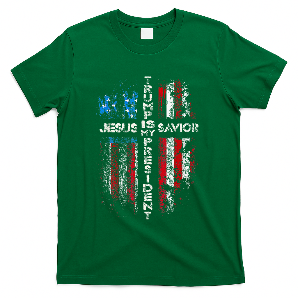Jesus Is My Savior Trump Is My President American Flag T-Shirt - Green