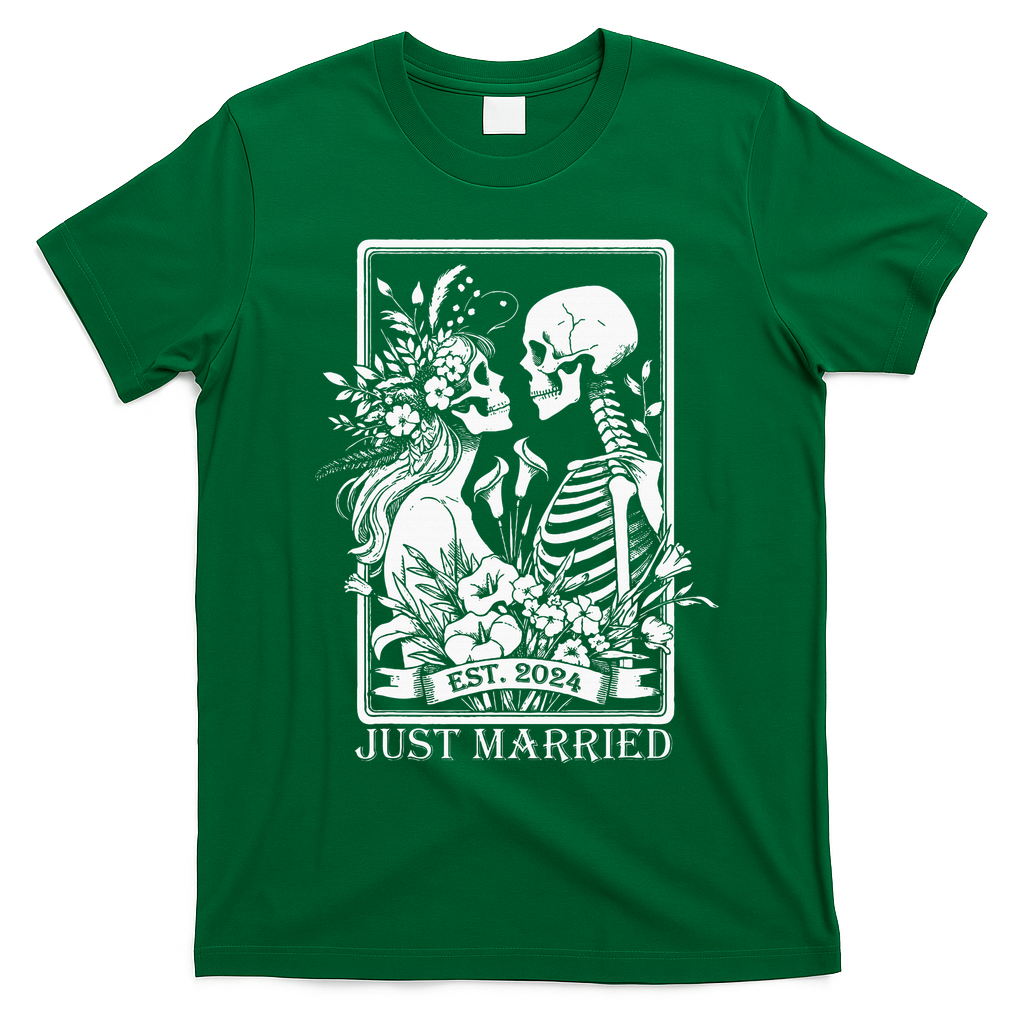 Just Married Est 2024 Halloween Skeleton Couples T-Shirt - Irish Green