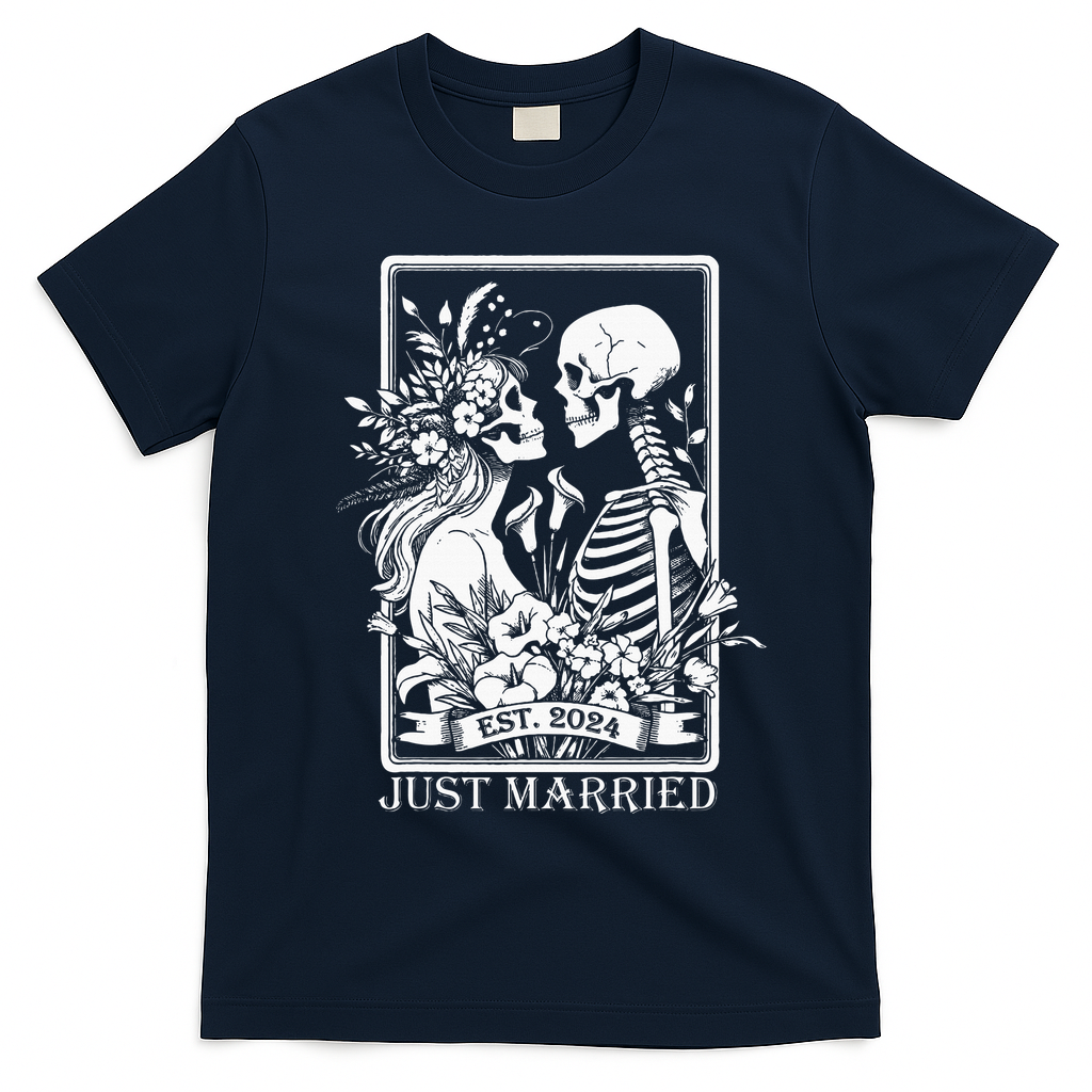 Just Married Est 2024 Halloween Skeleton Couples T-Shirt - Navy Blue