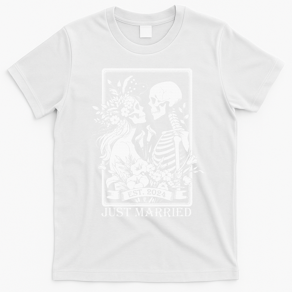 Just Married Est 2024 Halloween Skeleton Couples T-Shirt - White