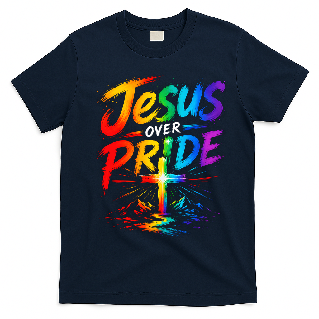 Jesus Over Pride Rainbow Cross T-Shirt - Navy Blue