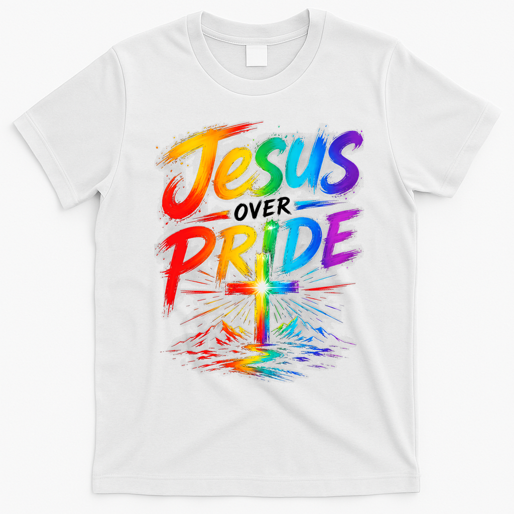 Jesus Over Pride Rainbow Cross T-Shirt - White