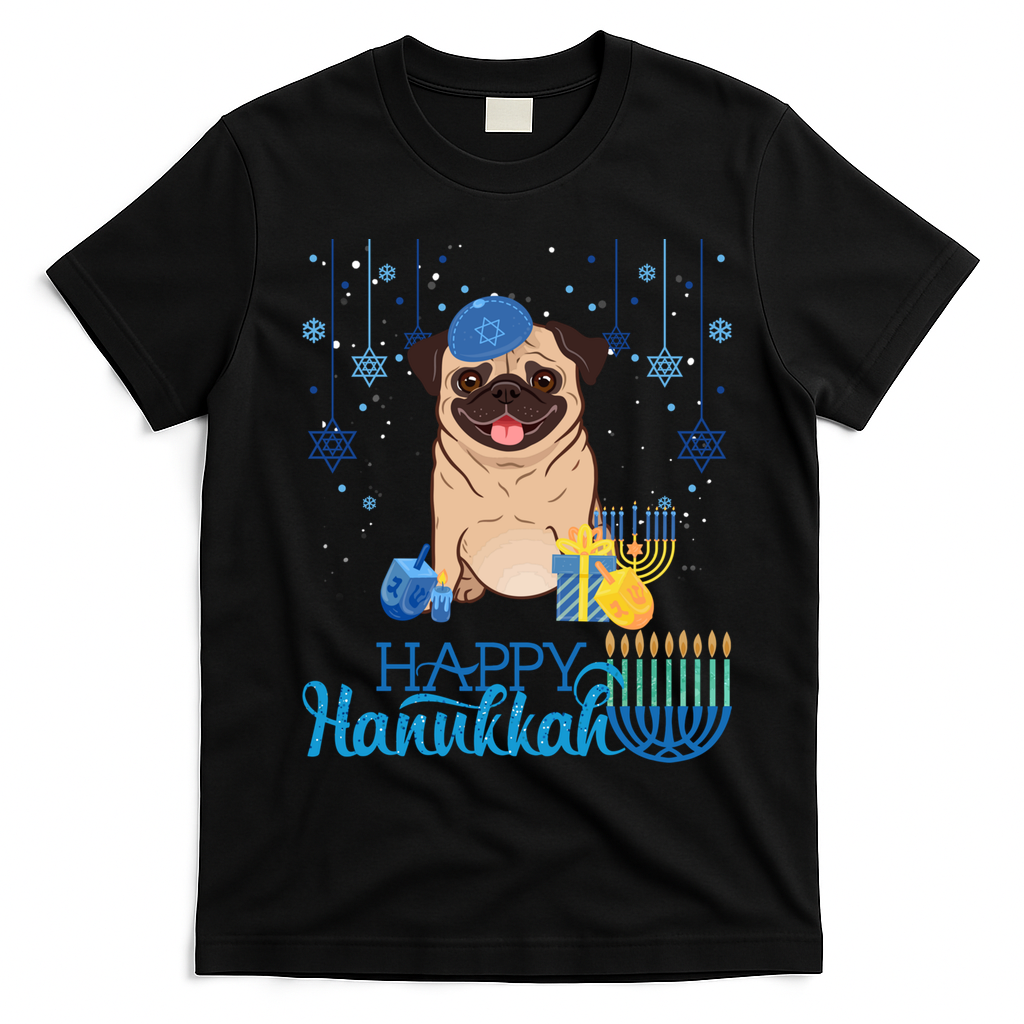 Jewish Pug Dog Orah Hat Chanukah Hanukkah Jewish Xmas T-Shirt - Black