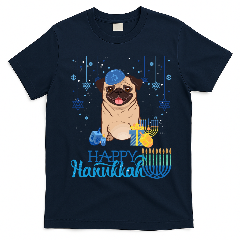 Jewish Pug Dog Orah Hat Chanukah Hanukkah Jewish Xmas T-Shirt - Navy Blue