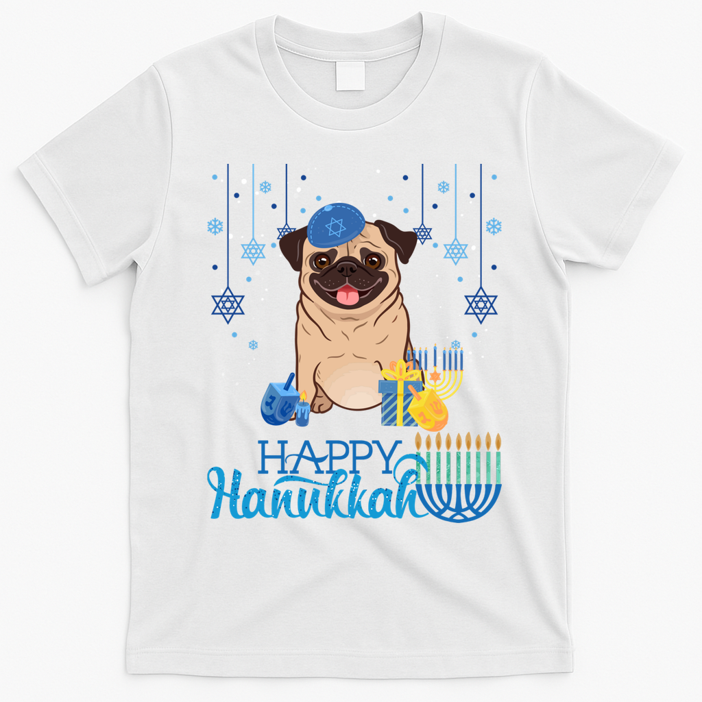 Jewish Pug Dog Orah Hat Chanukah Hanukkah Jewish Xmas T-Shirt - White