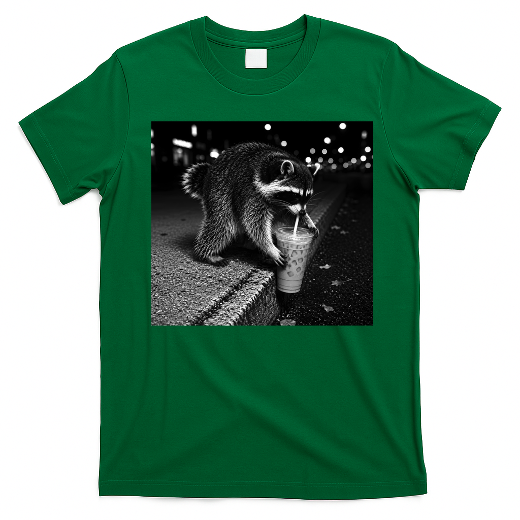 Jimothy Raccoon Drinking Ice Coffee Funny Animal Art T-Shirt - Irish Green