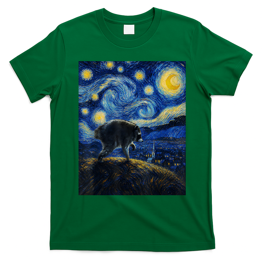 Jimothy Raccoon Under Starry Night Sky Artful Van Gogh T-Shirt - Irish Green