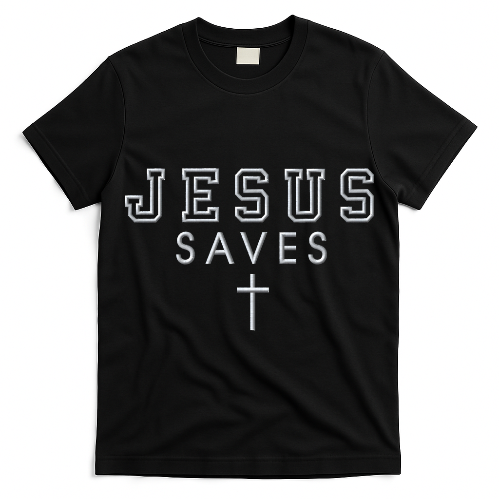 Jesus Saves Simple Cross Logo Christian Faith Hope Love Embroidered T-Shirt