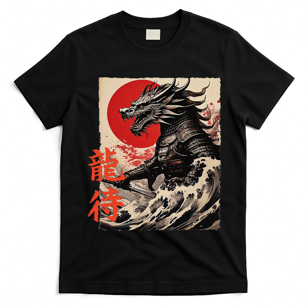 Japan Samurai Warrior Dragon Great Wave Ukiyo-e Art Kanji T-Shirt