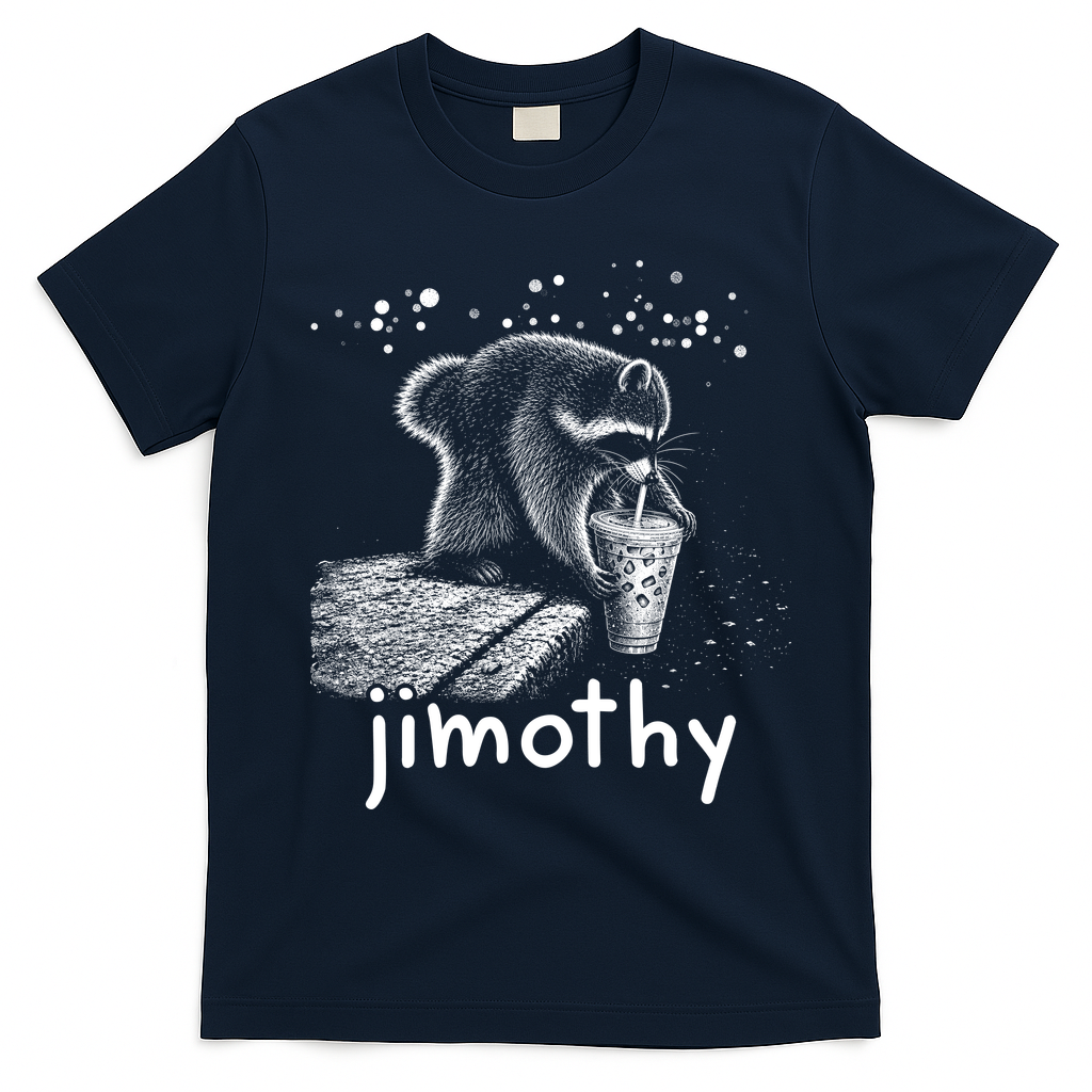 Jimothy The Raccoon Enjoying A Ice Coffee Drink T-Shirt - Navy Blue