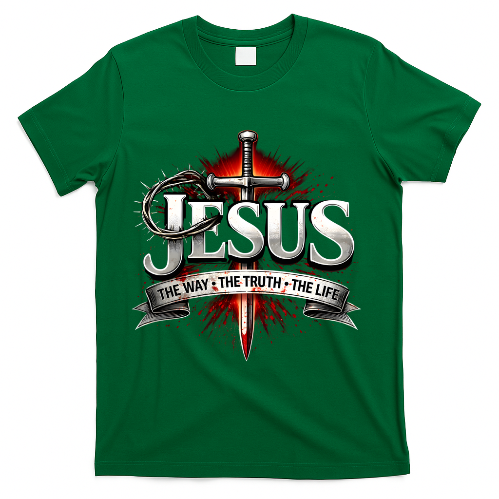 Jesus The Way The Truth The Wife Sword Crown Thorns Christian T-Shirt - Green