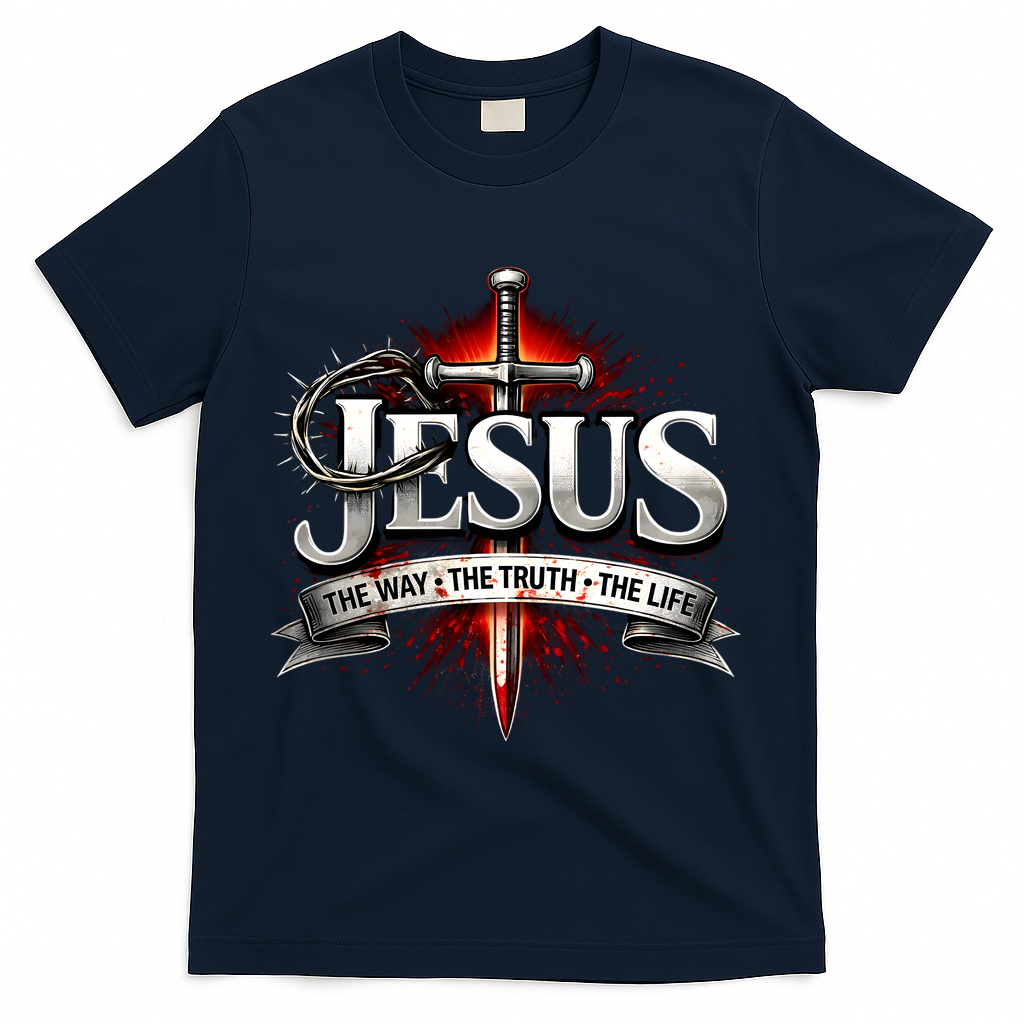 Jesus The Way The Truth The Wife Sword Crown Thorns Christian T-Shirt - Navy