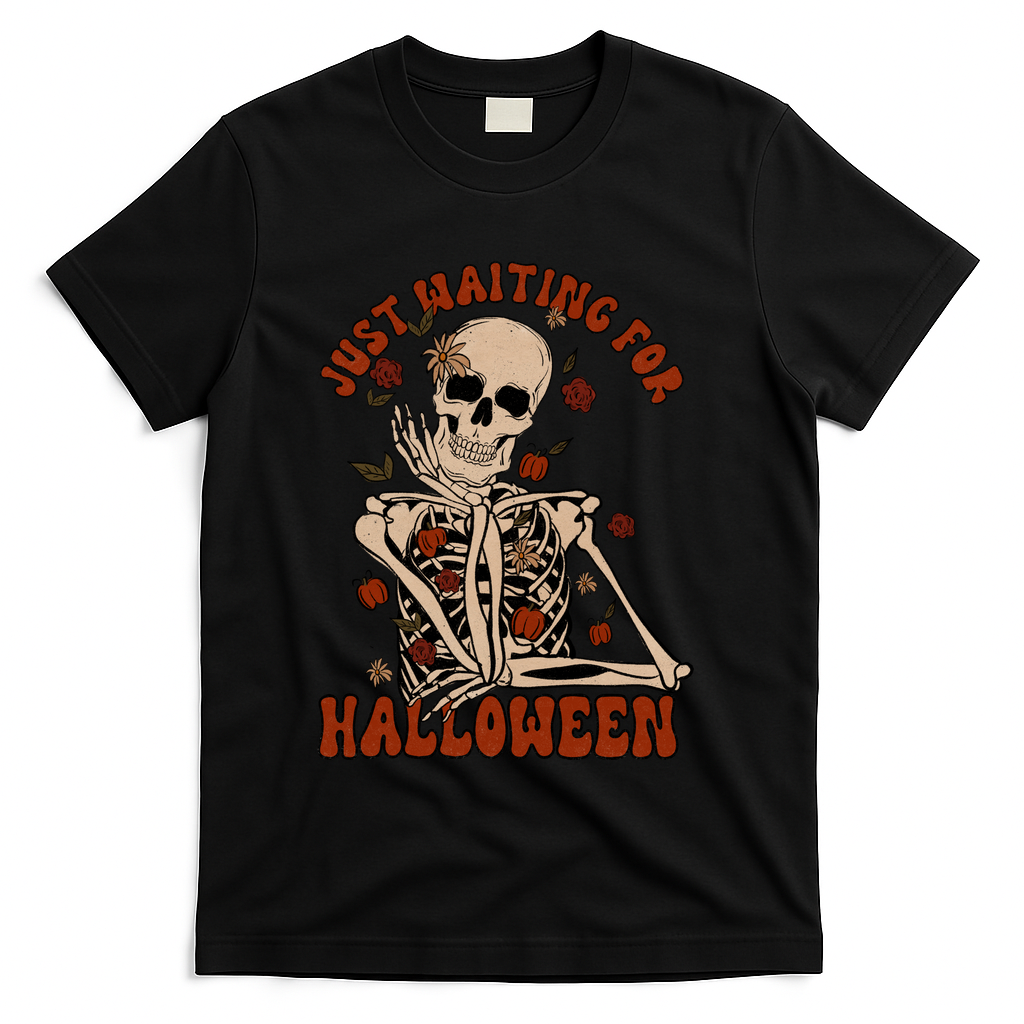Just Waiting For Halloween Skeleton Fall Spooky T-Shirt - Black