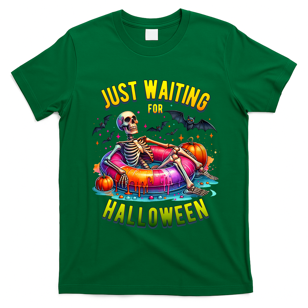 Just Waiting For Halloween Spooky Skeleton Summer Funny T-Shirt - Irish Green