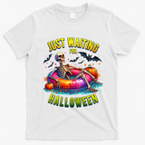 Just Waiting For Halloween Spooky Skeleton Summer Funny T-Shirt - White