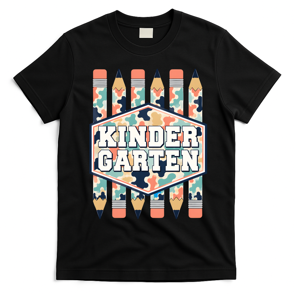Kindergarten Camouflage Pencils Teachers Students Back To School T-Shirt - Black
