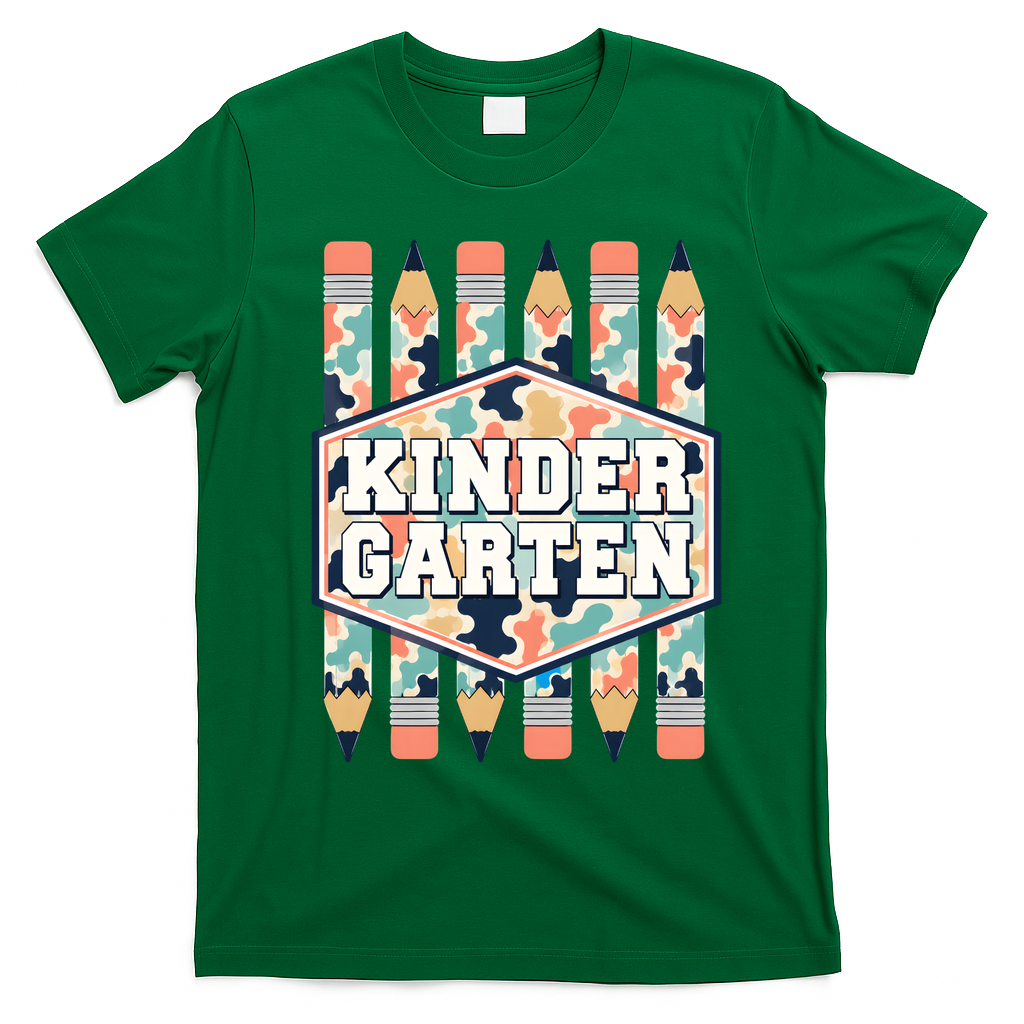 Kindergarten Camouflage Pencils Teachers Students Back To School T-Shirt - Irish Green