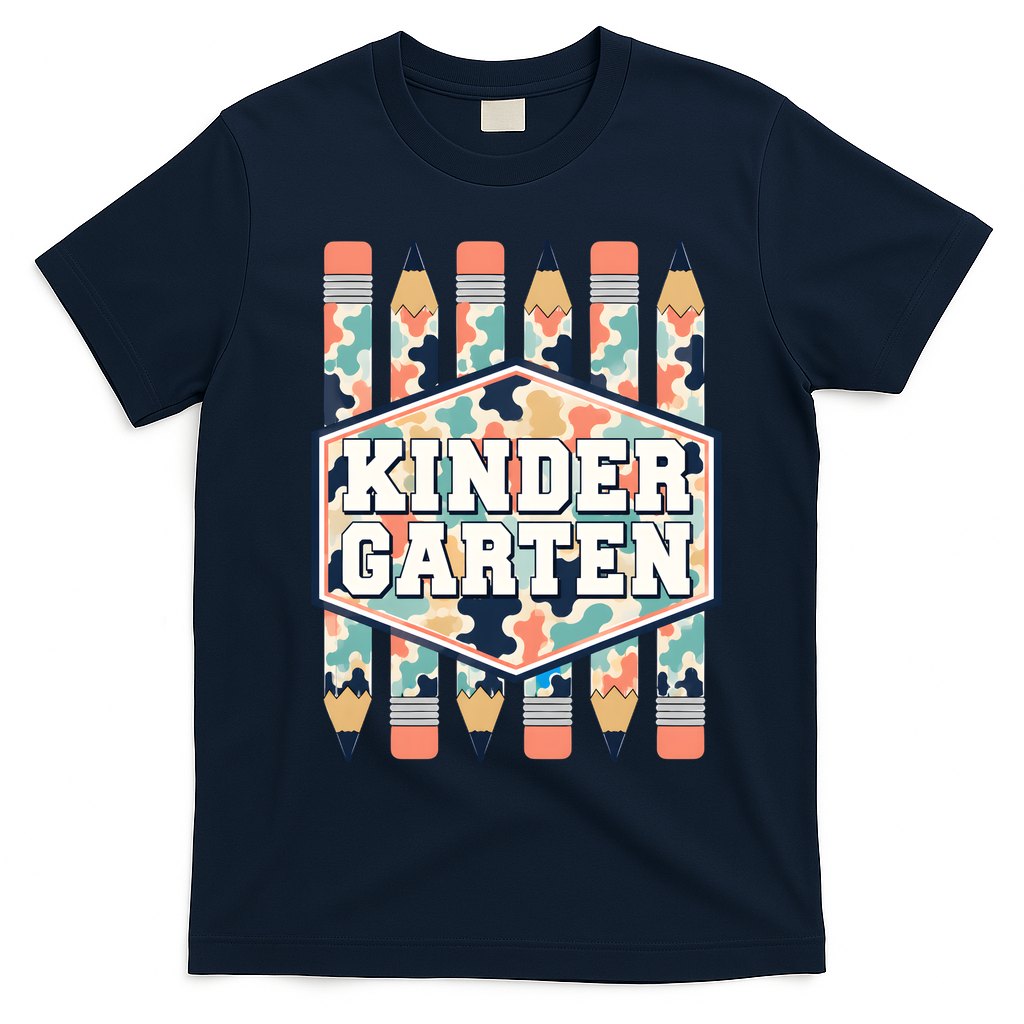 Kindergarten Camouflage Pencils Teachers Students Back To School T-Shirt - Navy Blue