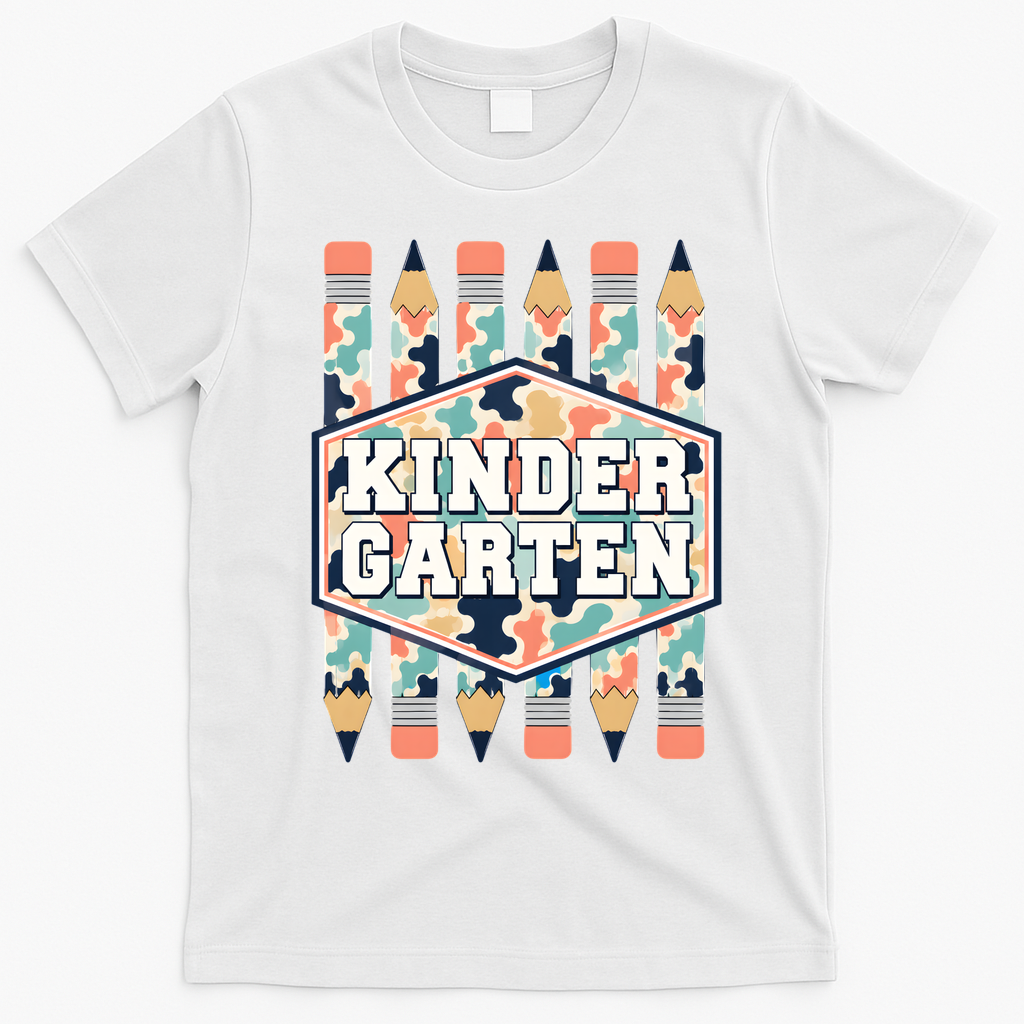 Kindergarten Camouflage Pencils Teachers Students Back To School T-Shirt - White