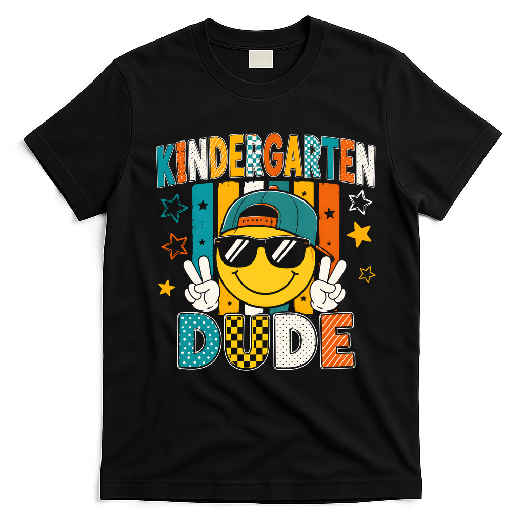 Kindergarten Dude Smiley Face Peace Sign Back To School T-Shirt - Black