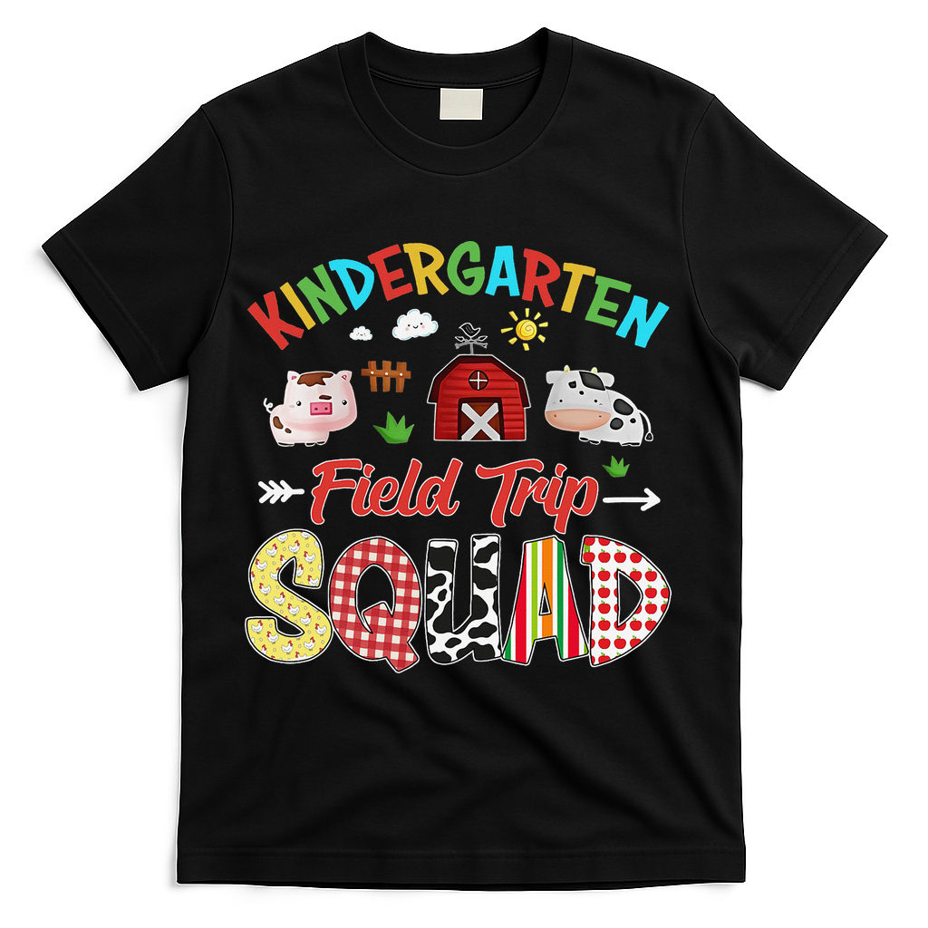 Kindergarten Field Trip Squad Teacher Students Farm Animal T-Shirt - Black