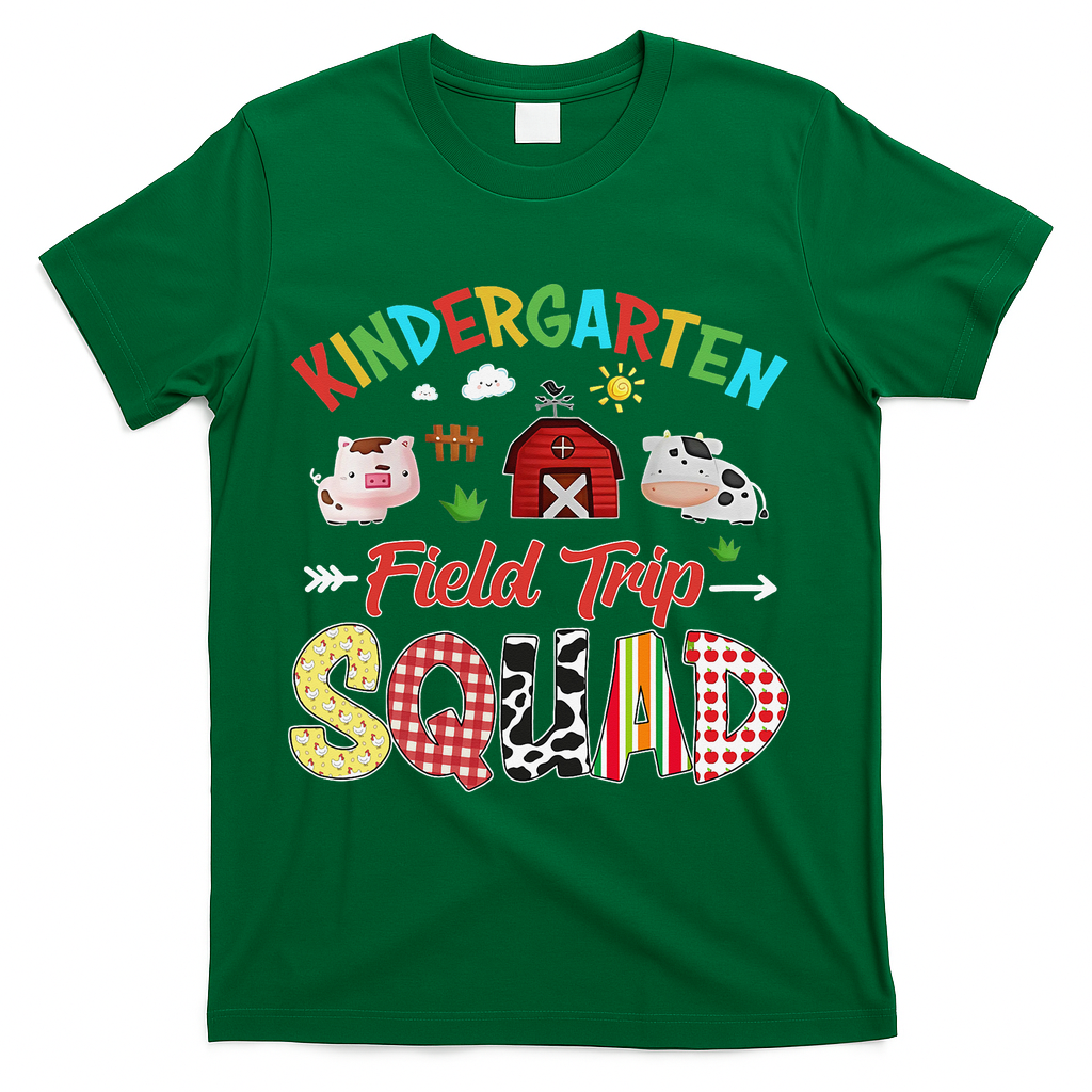 Kindergarten Field Trip Squad Teacher Students Farm Animal T-Shirt - Green