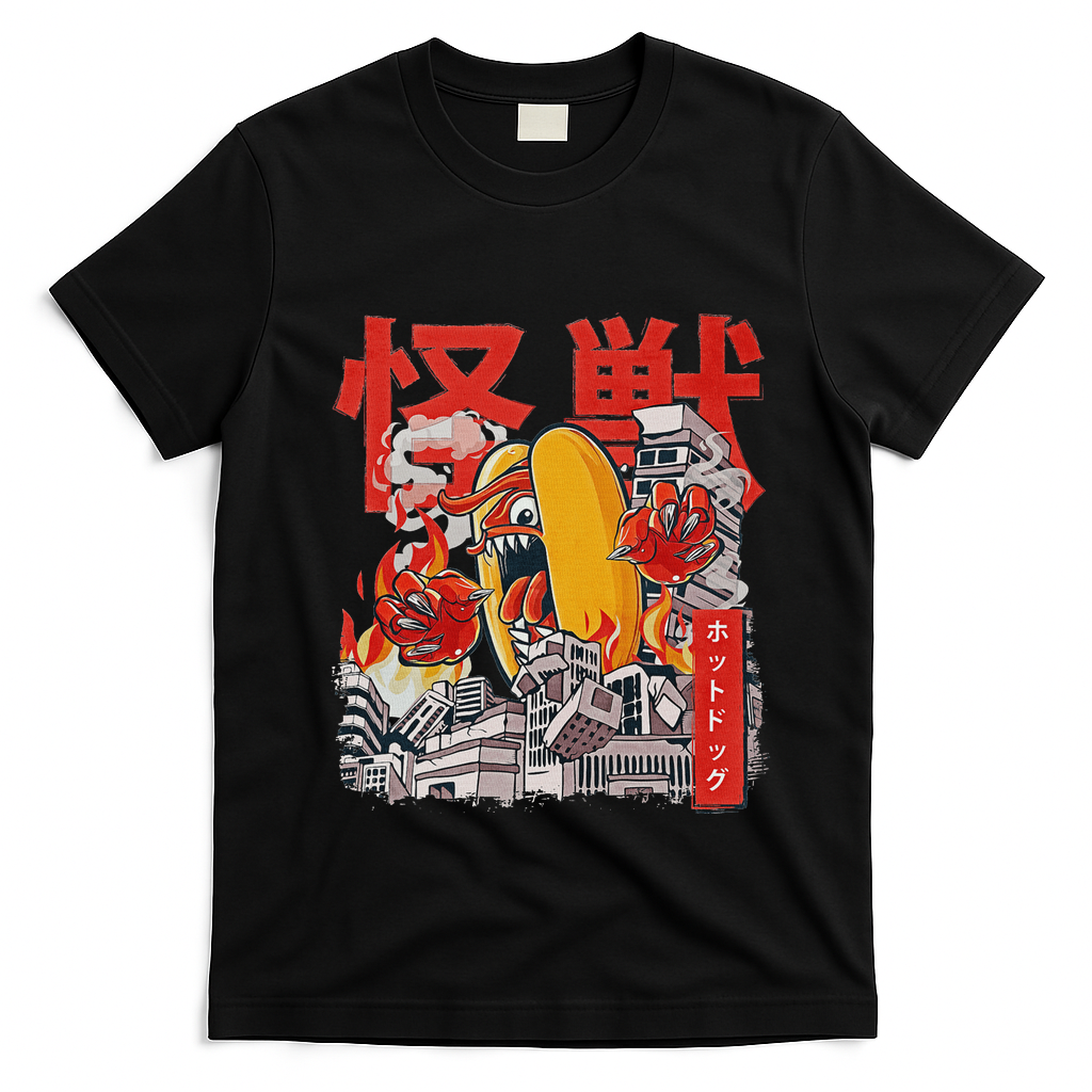 Kaiju Hot Dog Japanese Anime Monster Hotdog T-Shirt - Black