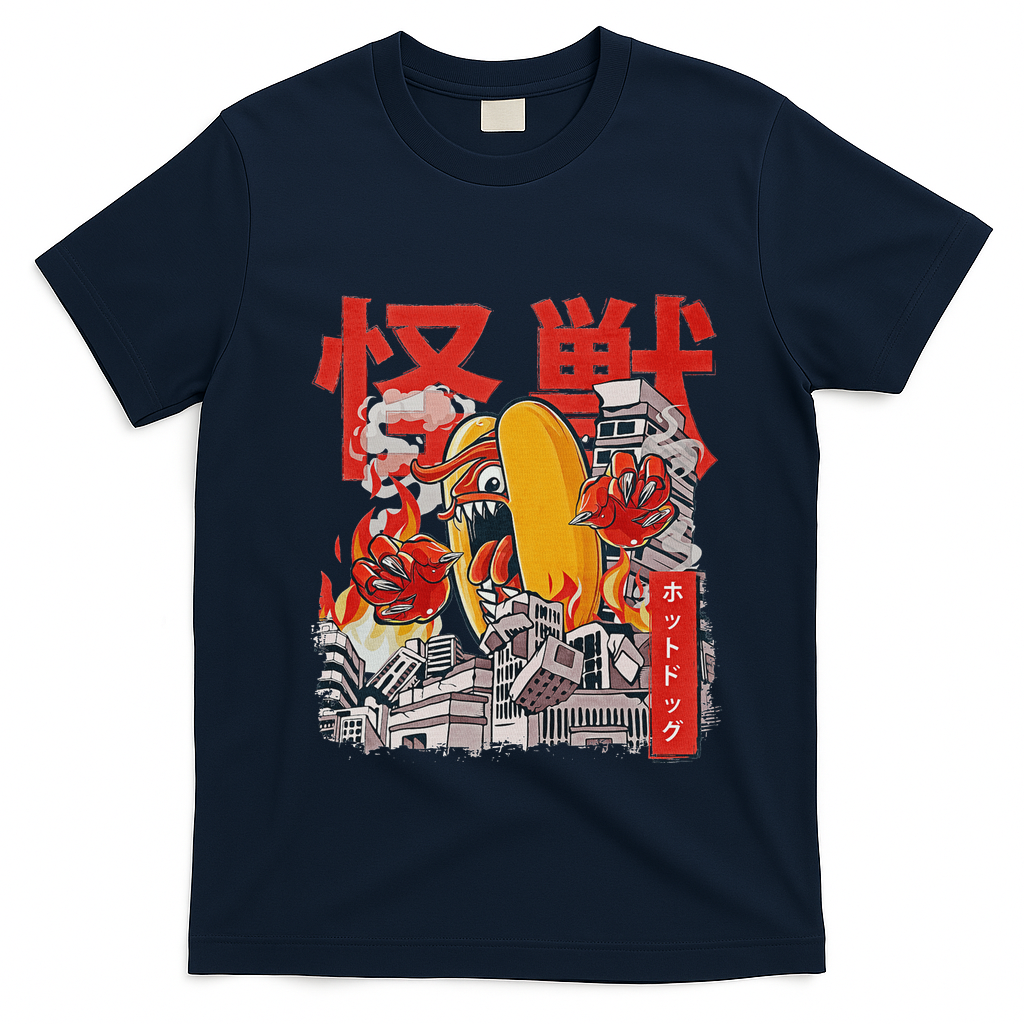 Kaiju Hot Dog Japanese Anime Monster Hotdog T-Shirt - Navy Blue