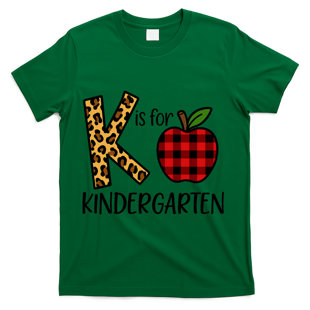 K Is For Kindergarten Teacher Leopard Buffalo Plaid T-Shirt - Green