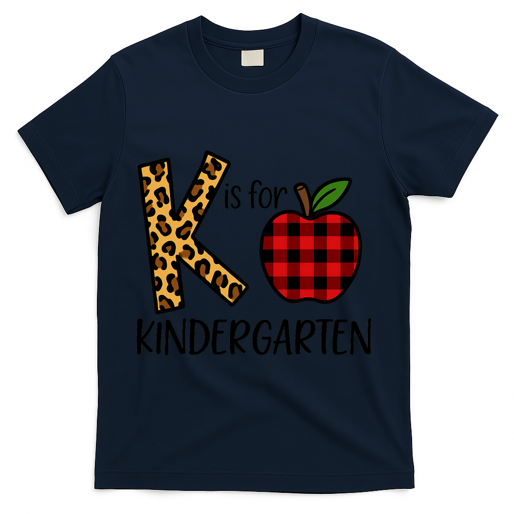 K Is For Kindergarten Teacher Leopard Buffalo Plaid T-Shirt - Navy