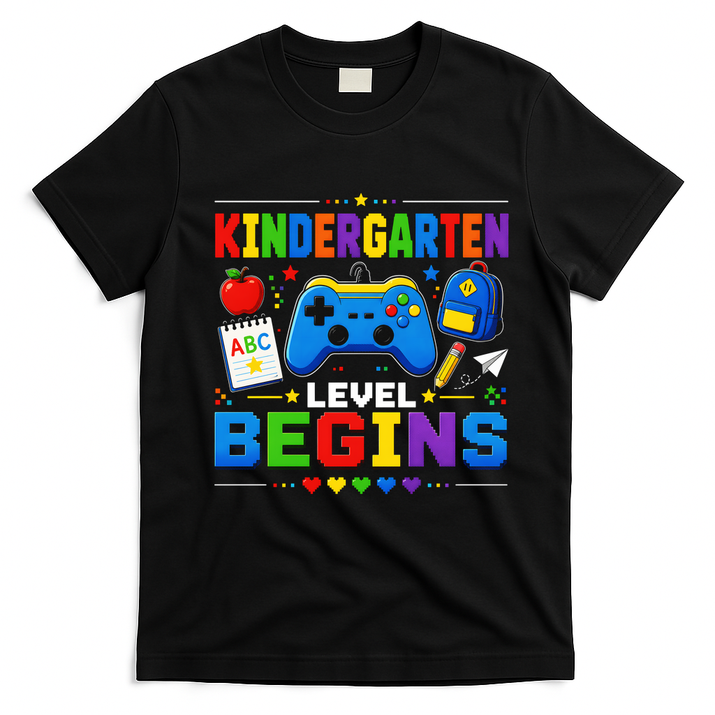 Kindergarten Level Begins Gaming Gamer Cute Back To School T-Shirt - Black