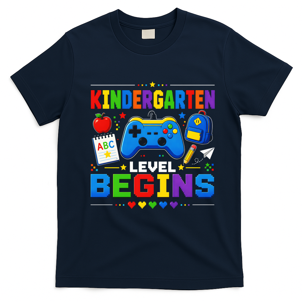 Kindergarten Level Begins Gaming Gamer Cute Back To School T-Shirt - Navy Blue