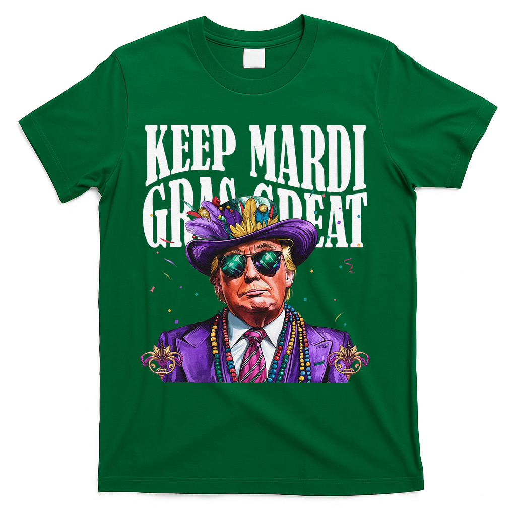 Keep Mardi Gras Great Trump Mardi Gras 2025 Flag Usa Funny T-Shirt - Green