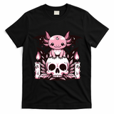 Kawaii Pastel Goth Cute Creepy Axolotl Bat Skeleton T-Shirt - Black