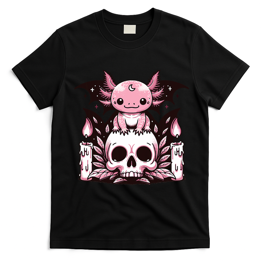 Kawaii Pastel Goth Cute Creepy Axolotl Bat Skeleton T-Shirt - Black