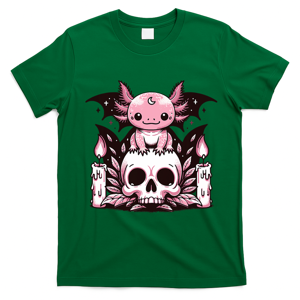 Kawaii Pastel Goth Cute Creepy Axolotl Bat Skeleton T-Shirt - Irish Green
