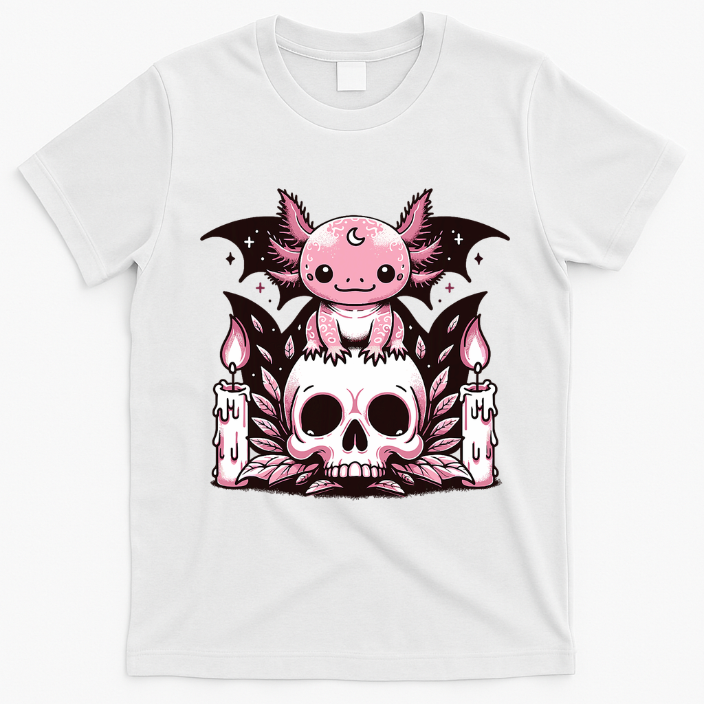 Kawaii Pastel Goth Cute Creepy Axolotl Bat Skeleton T-Shirt - White