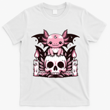 Kawaii Pastel Goth Cute Creepy Axolotl Bat Skeleton T-Shirt - White