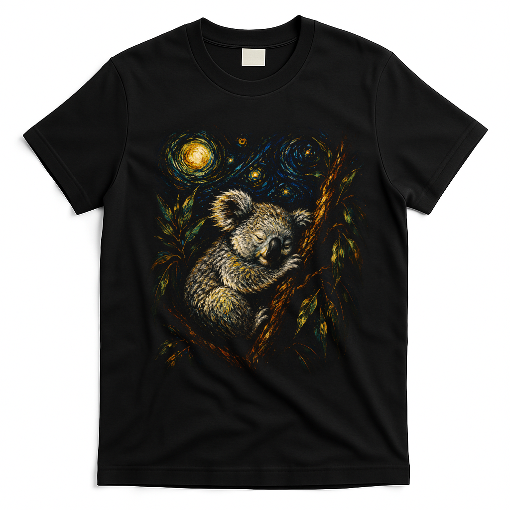 Koala Sleeping Under Starry Night Sky T-Shirt - Black