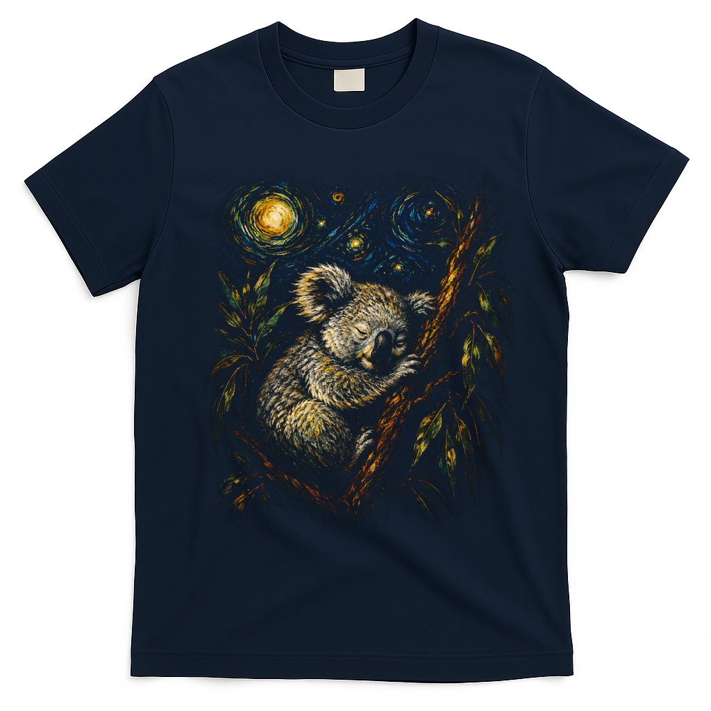 Koala Sleeping Under Starry Night Sky T-Shirt - Navy Blue