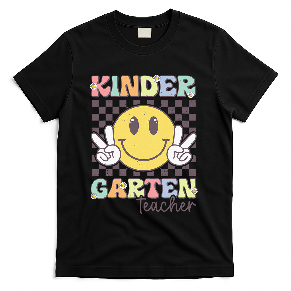 Kindergarten Teacher Team Hippie Smile Face Back To School T-Shirt - Black