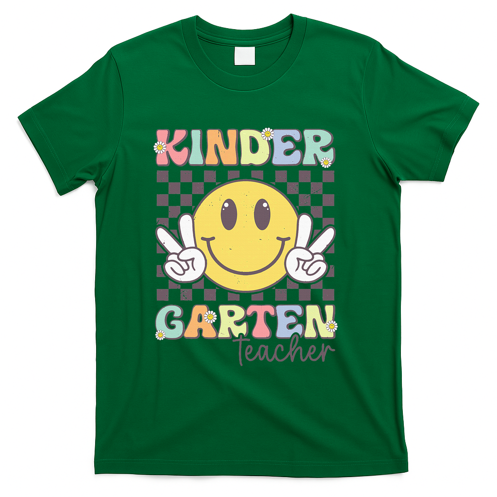 Kindergarten Teacher Team Hippie Smile Face Back To School T-Shirt - Green