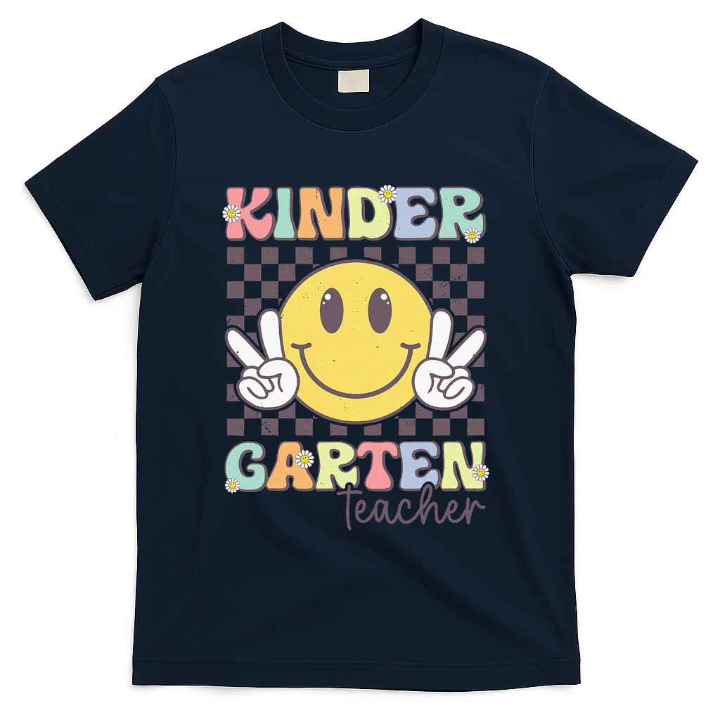 Kindergarten Teacher Team Hippie Smile Face Back To School T-Shirt - Navy