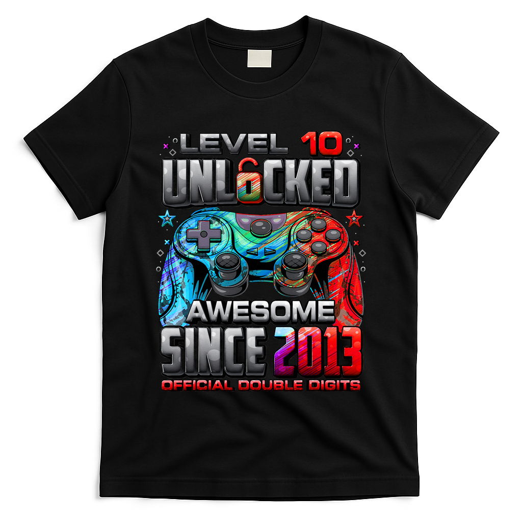 Level 10 Unlocked Awesome Since 2013 10th Birthday Gaming T-Shirt