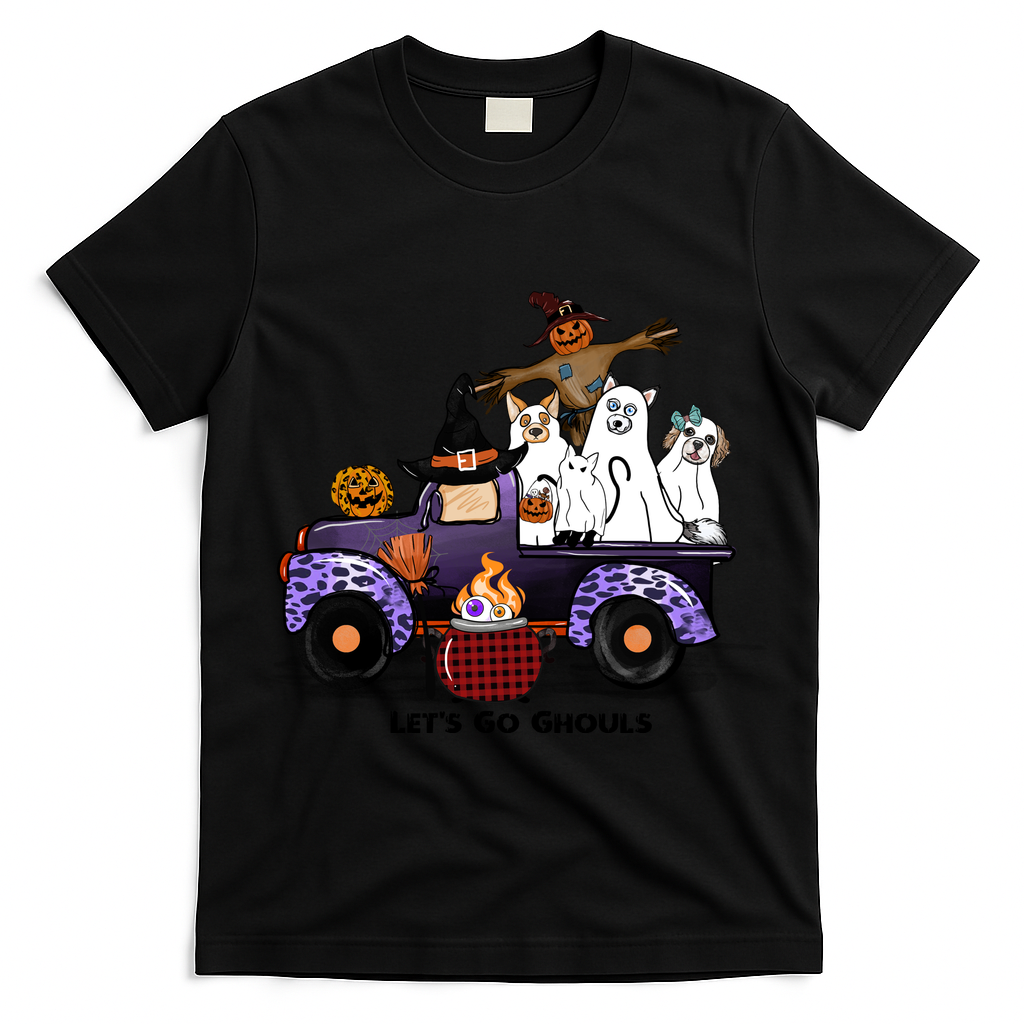 Let's Go Ghouls On Truck Funny Halloween Boo Witch Hat Cats Pumpkin Graphic T-Shirt